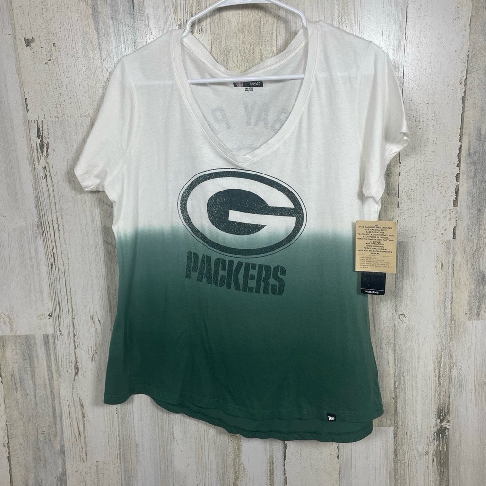 NWT New Era Green Bay Packers NFL T-Shirt V-Neck Ombre size L Green White - Picture 1 of 5